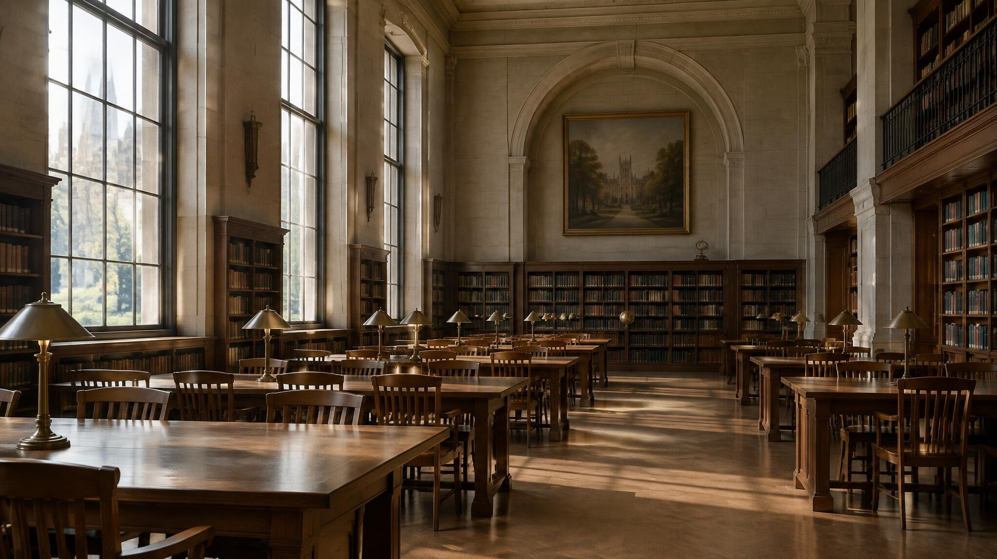 Quiet reading room with empty wooden chairs and soft natural light