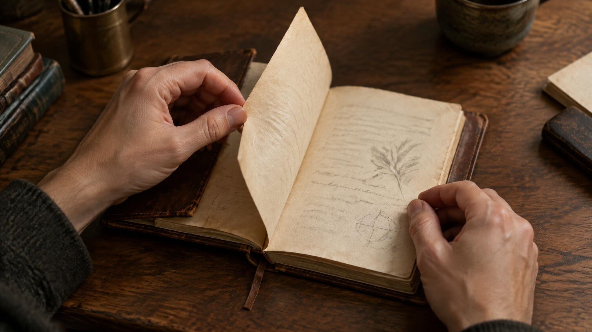 Close-up of hands turning pages of an old notebook on a wooden desk
