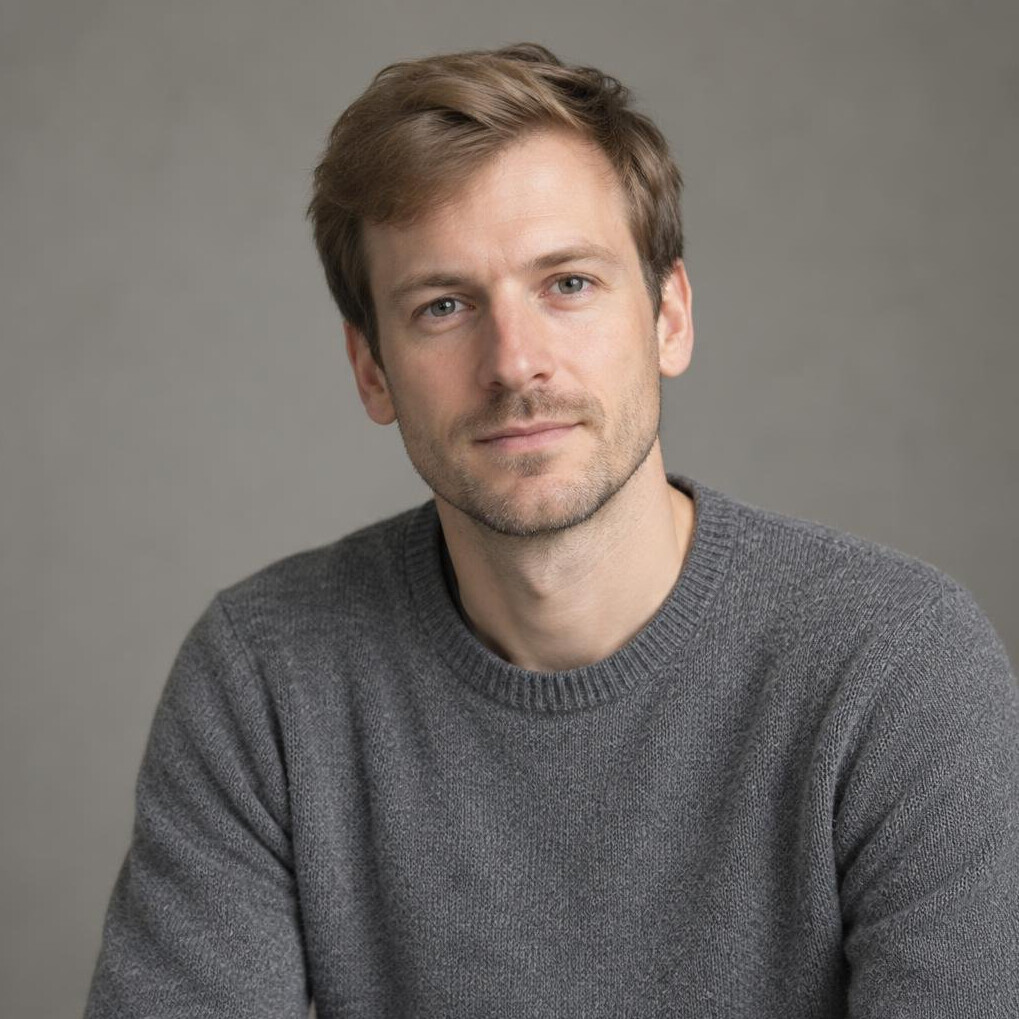 Studio portrait of a young german man researcher in casual academic attire
