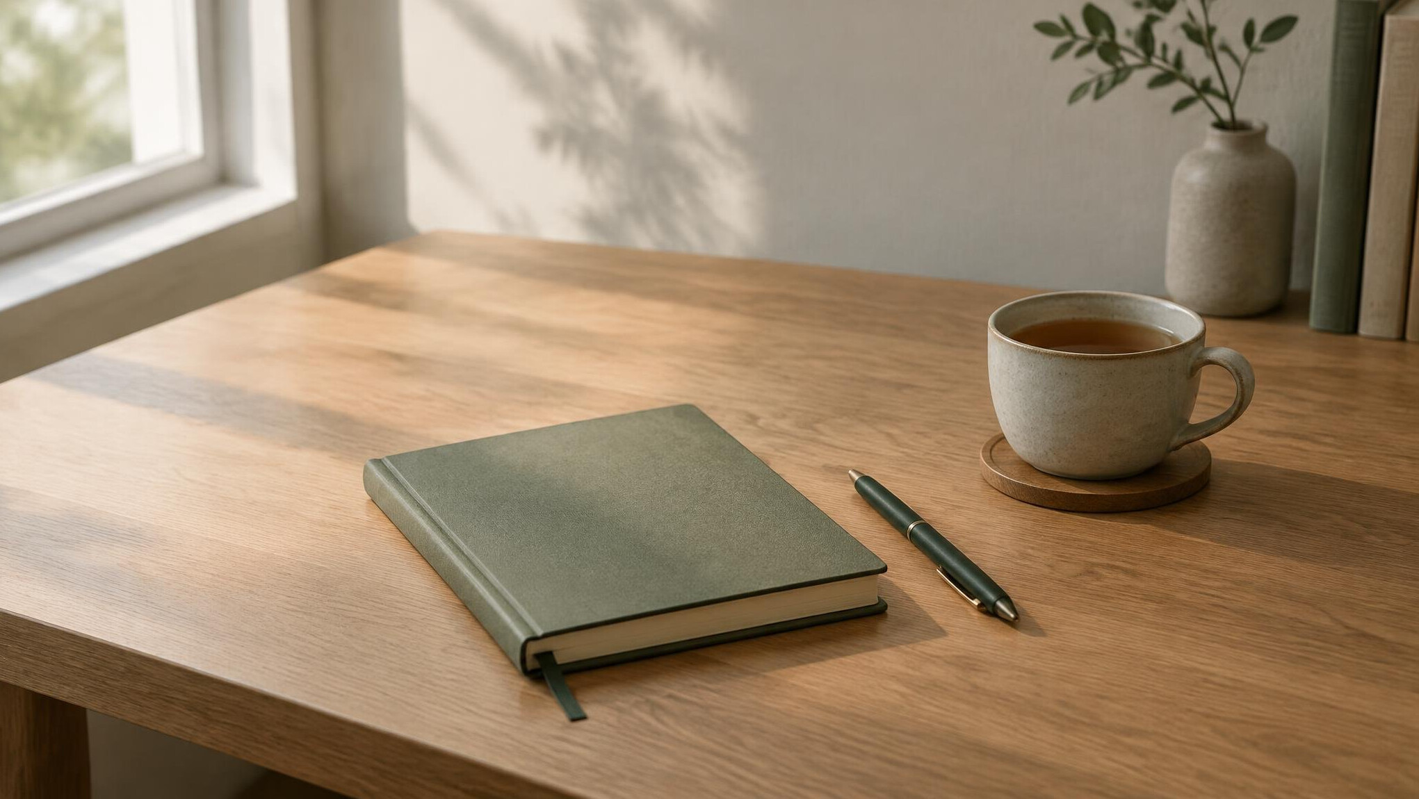 Minimalist desk with notebook, pen and soft window light