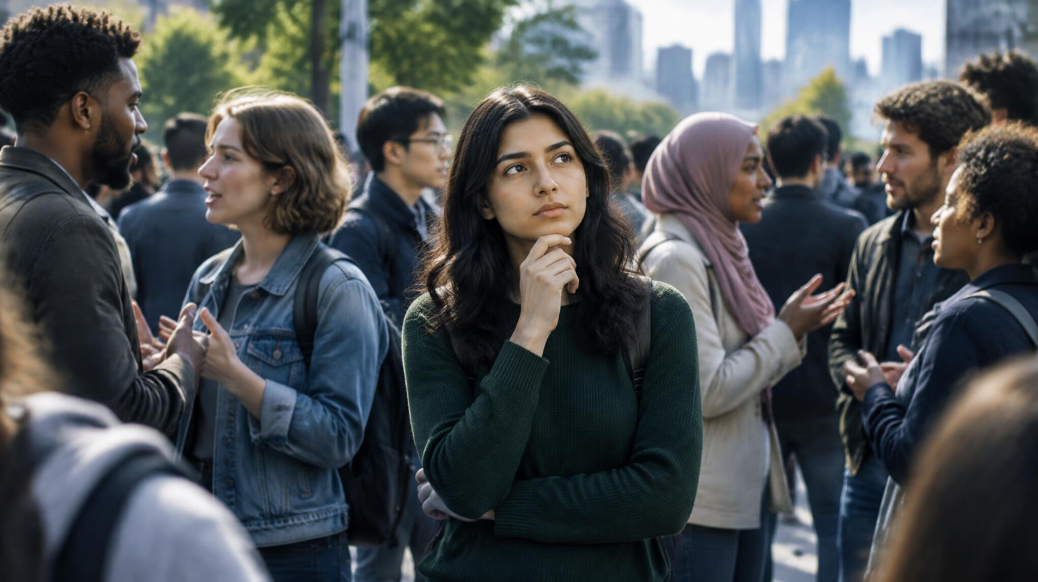person thinking alone in crowd