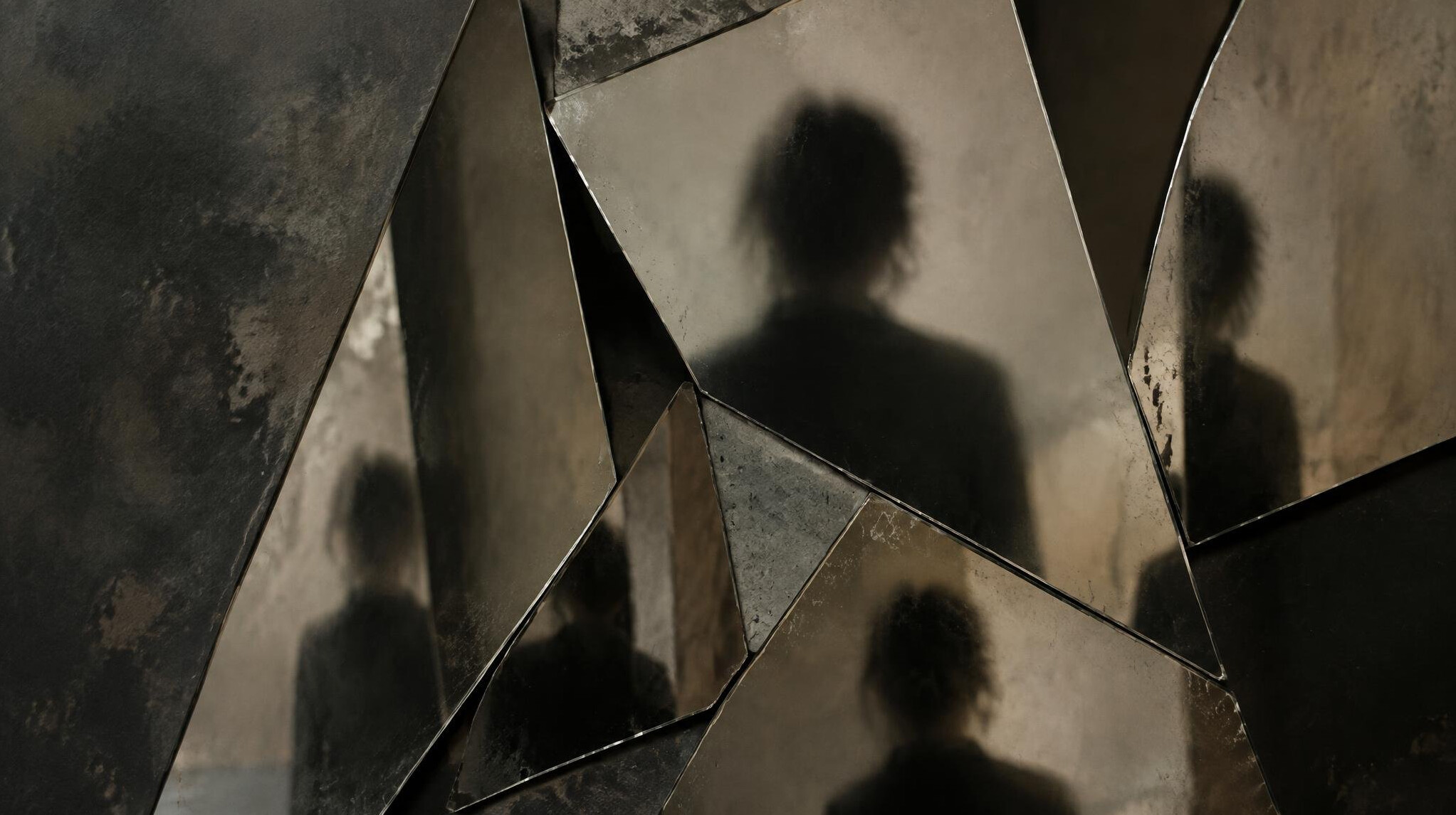 Fragmented reflection of a silhouette in a broken mirror, abstract composition