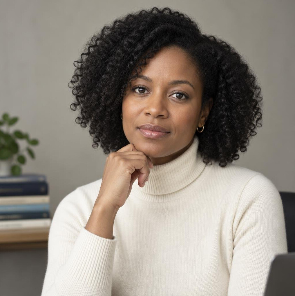 Studio portrait of a woman of color researcher with natural curly hair